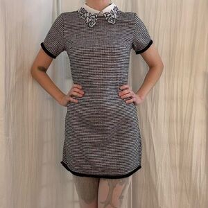 Black and White Gingham Checkered Mini Dress with Floral Peter Pan Collar